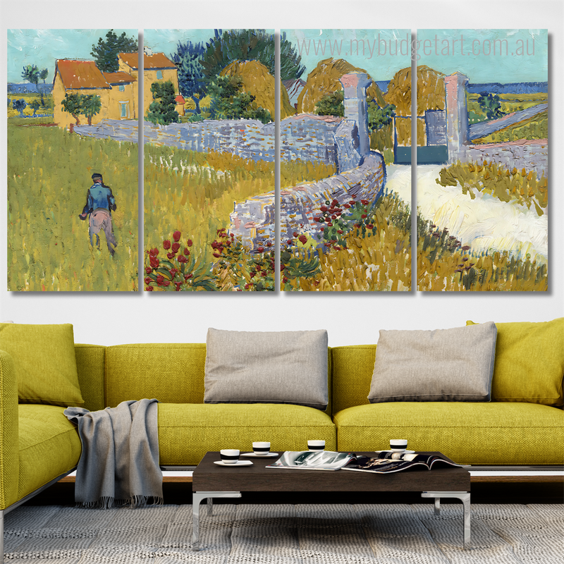 Farmhouse In Provence By Vincent Van Gogh Figure Modern Stretched Wall Art Image 4 Piece Framed Canvas Wall Art Prints Set For Office Décor